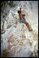 Darryl Jones climbing "Monkey Gone to Heaven" (6b) at Defile Exit