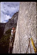 Bob Scheier leading pitch 2 on Lurking Fear (VI 5.10 C2). El Capitan, Yosemite, California
