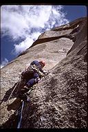 Bob Scheier leading pitch 10 on Lurking Fear (VI 5.10 C2). El Capitan, Yosemite, California
