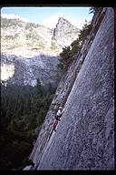 David Benson leading Green Dragon (5.11b). Yosemite, California